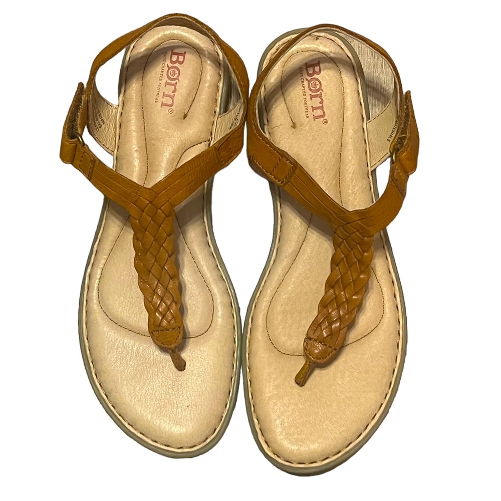 Born boho brown leather braided t-strap Velcro closure sandal